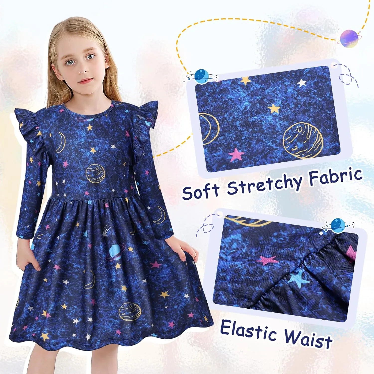 VASCHY Girls Dress, Cute Twirly Stretchy Casual Dress with Pockets Ruffle Sleeve for Toddler/Little/Big Kid Girls Clothing