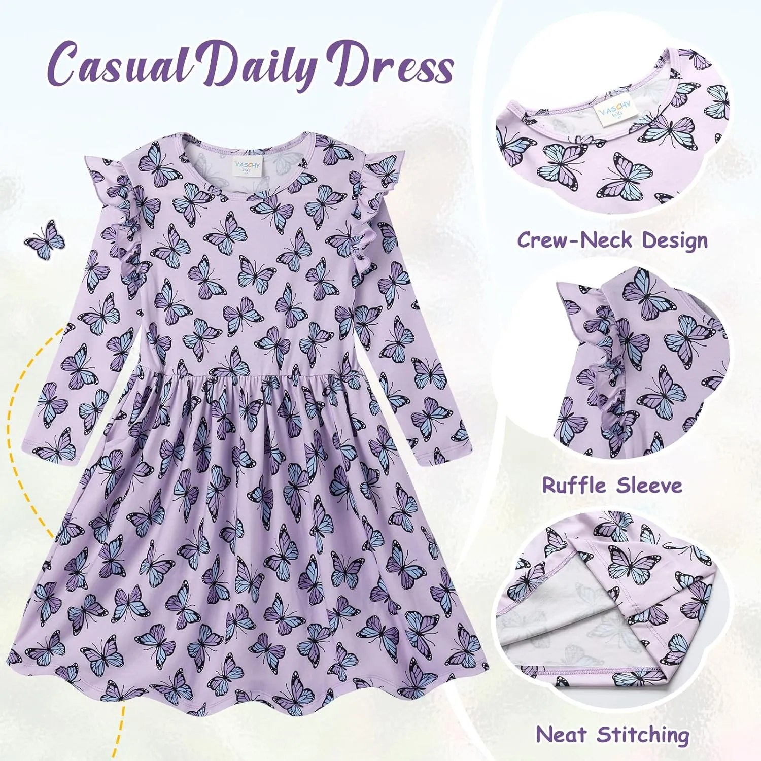 VASCHY Girls Dress, Cute Twirly Stretchy Casual Dress with Pockets Ruffle Sleeve for Toddler/Little/Big Kid Girls Clothing
