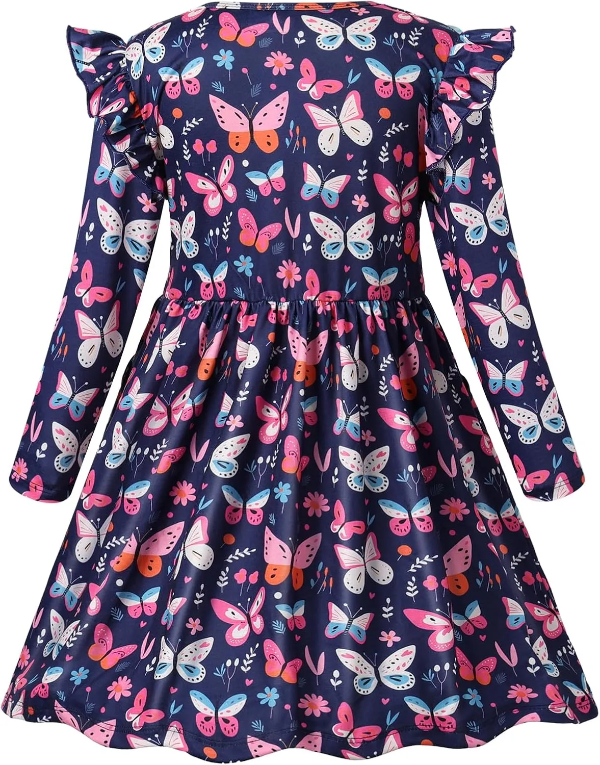 VASCHY Girls Dress, Cute Twirly Stretchy Casual Dress with Pockets Ruffle Sleeve for Toddler/Little/Big Kid Girls Clothing