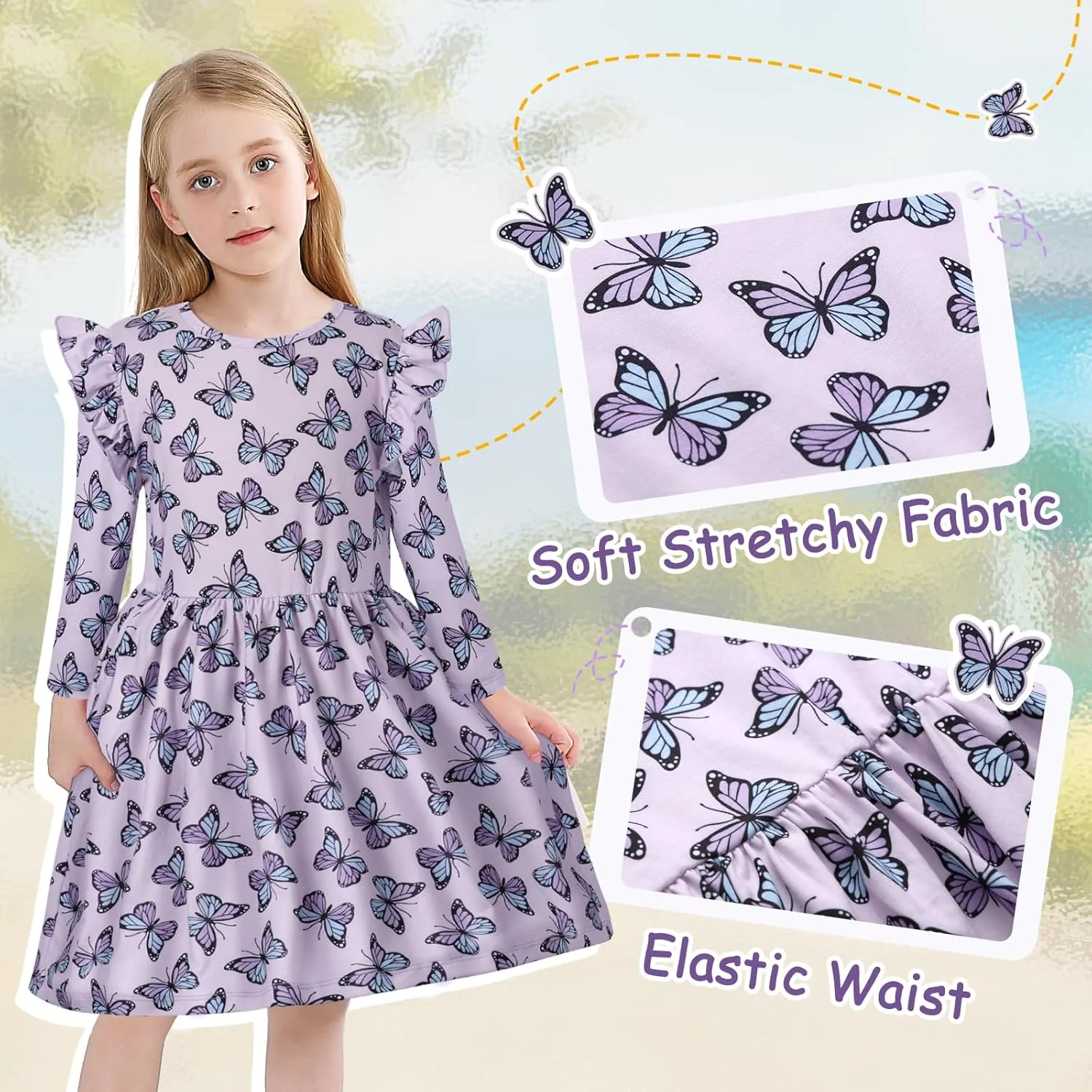 VASCHY Girls Dress, Cute Twirly Stretchy Casual Dress with Pockets Ruffle Sleeve for Toddler/Little/Big Kid Girls Clothing
