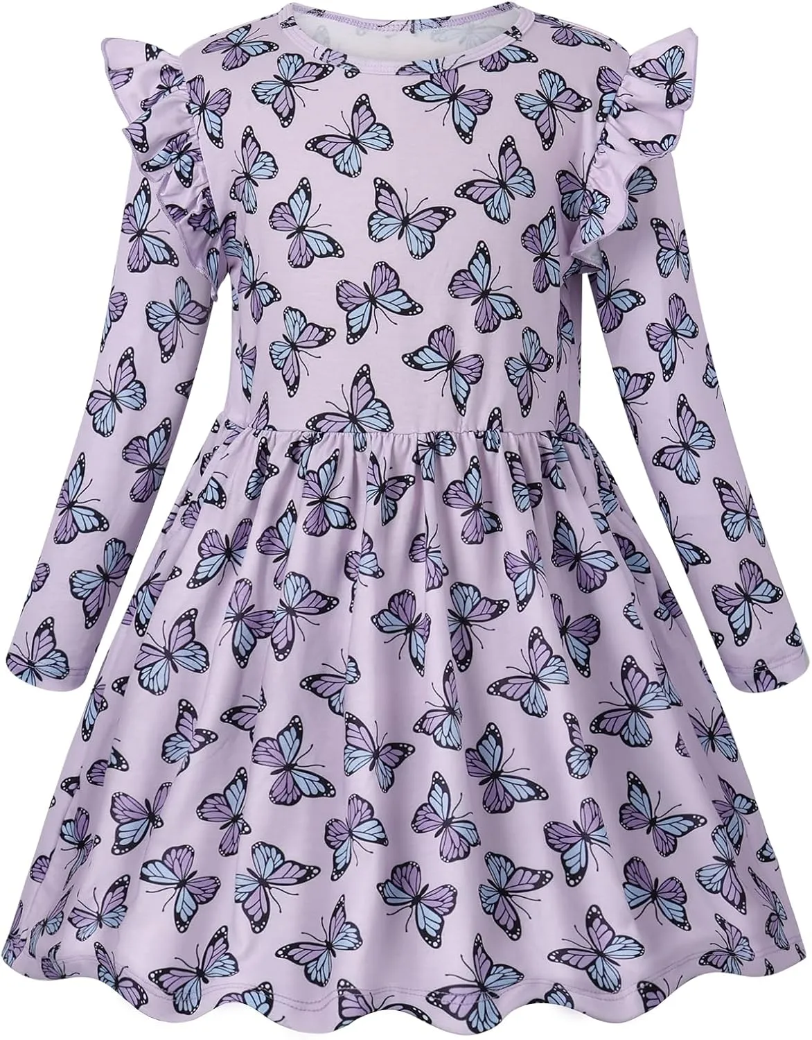 VASCHY Girls Dress, Cute Twirly Stretchy Casual Dress with Pockets Ruffle Sleeve for Toddler/Little/Big Kid Girls Clothing