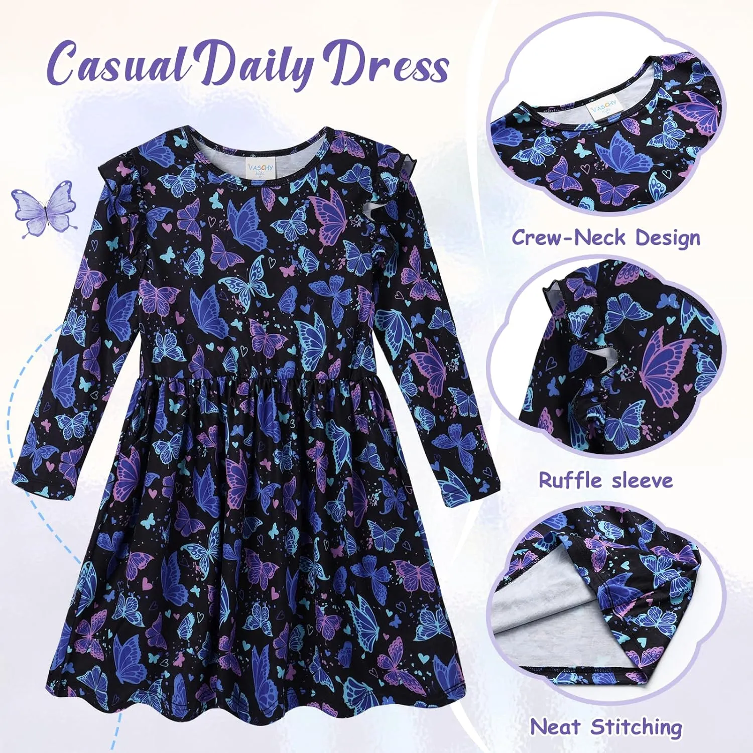 VASCHY Girls Dress, Cute Twirly Stretchy Casual Dress with Pockets Ruffle Sleeve for Toddler/Little/Big Kid Girls Clothing