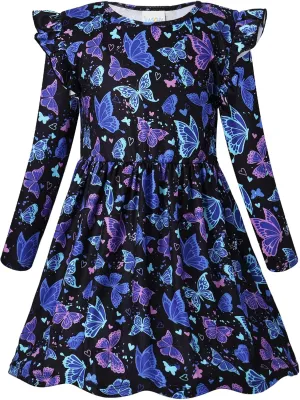 VASCHY Girls Dress, Cute Twirly Stretchy Casual Dress with Pockets Ruffle Sleeve for Toddler/Little/Big Kid Girls Clothing
