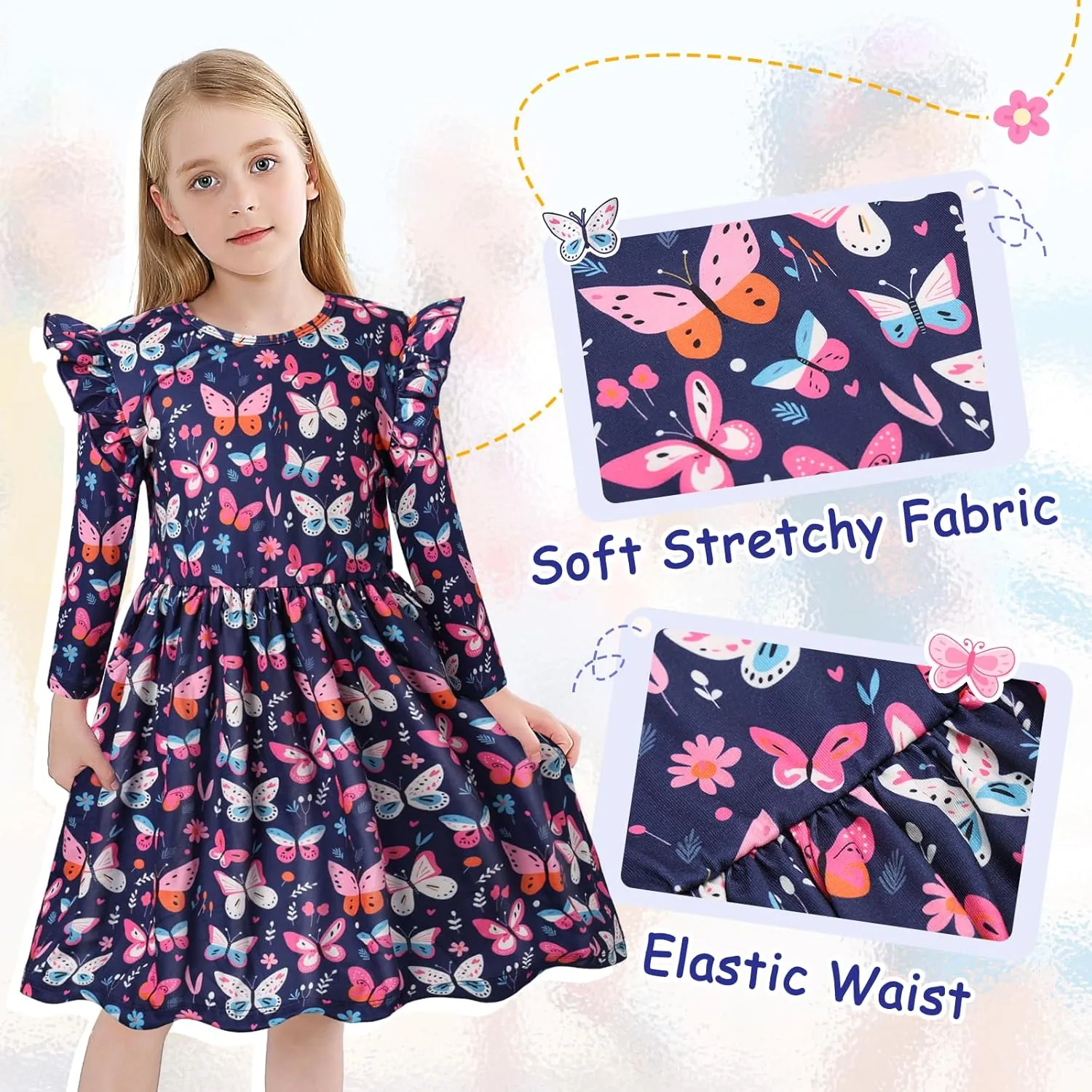 VASCHY Girls Dress, Cute Twirly Stretchy Casual Dress with Pockets Ruffle Sleeve for Toddler/Little/Big Kid Girls Clothing