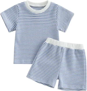 VISGOGO Baby Boy Girls Toddler Summer Outfit Striped T-shirt Toddler Boy Summer Clothes 6 12 18 Months 2 3 4 5 T Short Set