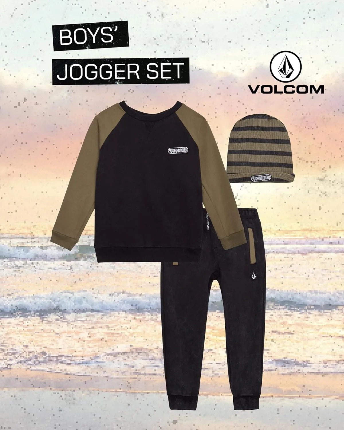 Volcom Boys' Sweatsuit Set - 3 Piece French Terry Active Set Boys Sweatshirt, Jogger Pants and Hat - Boys Jogger Set (12M-7)