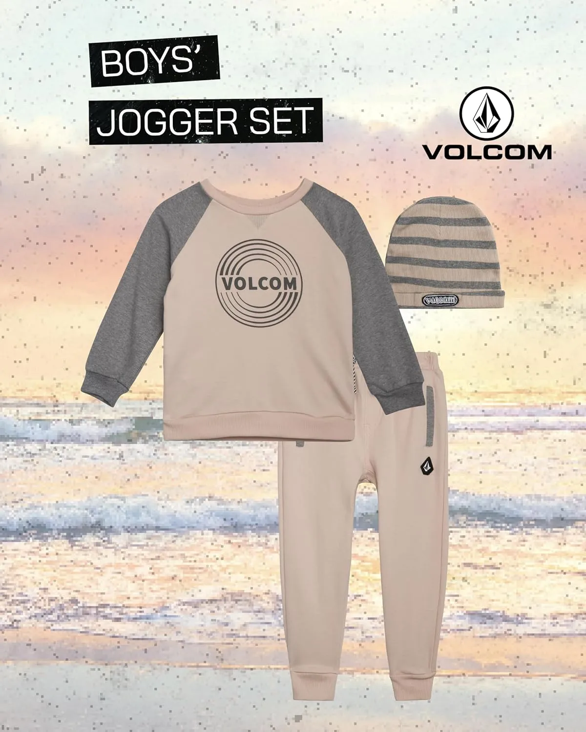 Volcom Boys' Sweatsuit Set - 3 Piece French Terry Active Set Boys Sweatshirt, Jogger Pants and Hat - Boys Jogger Set (12M-7)