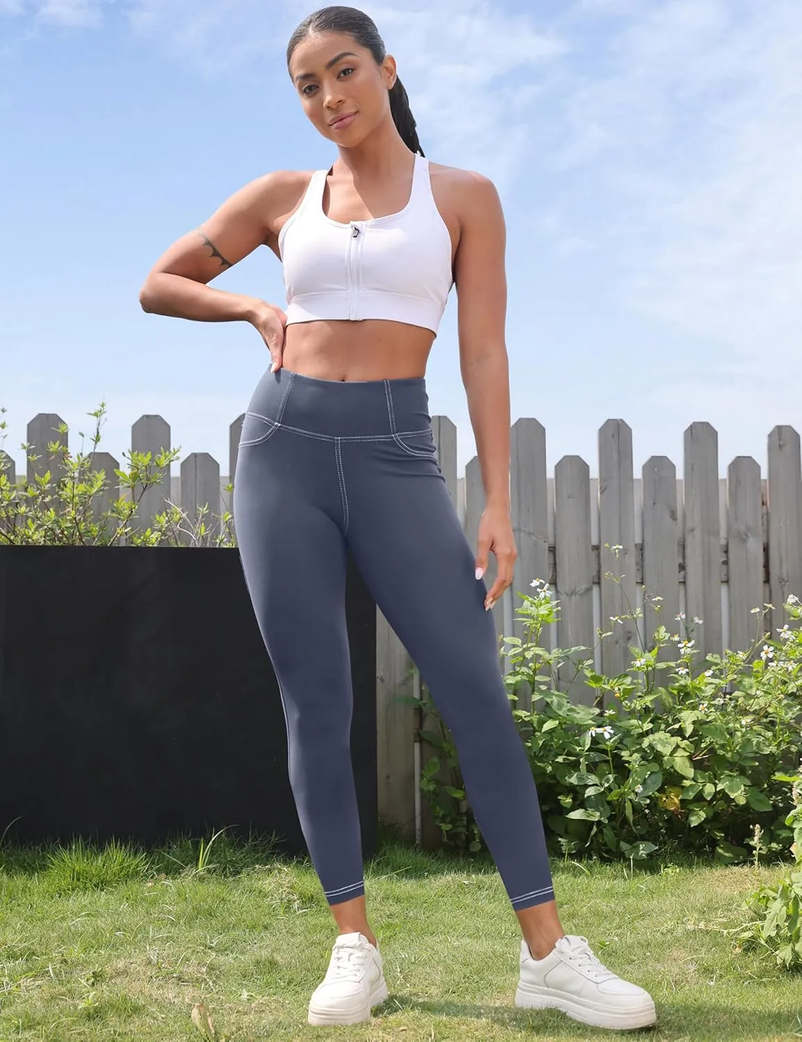 VOOVEEYA Curvy Womens Leggings 25", Tummy Control Yoga Pants with Back Pockets High Waisted Buttery Soft 7/8 Leggings