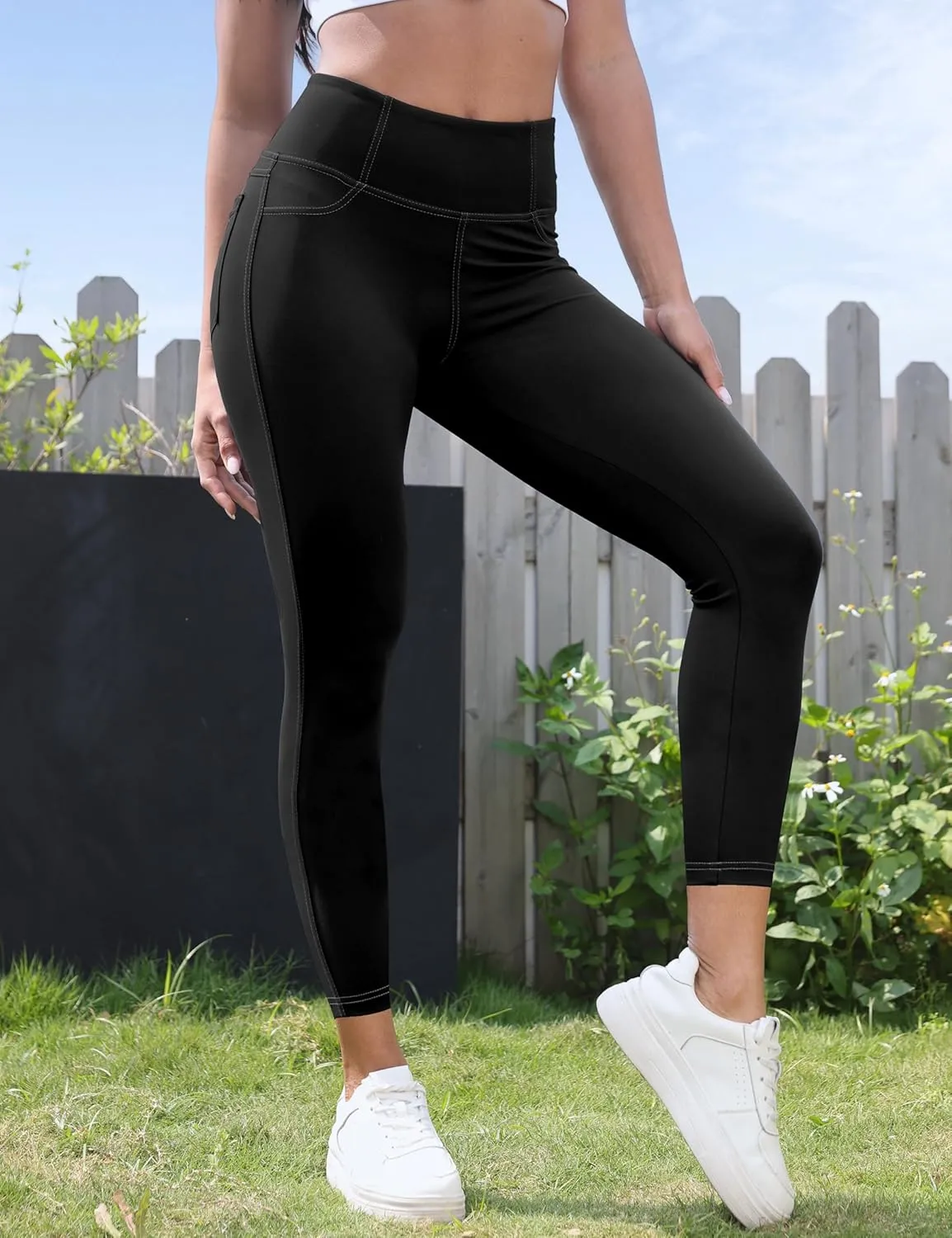 VOOVEEYA Curvy Womens Leggings 25", Tummy Control Yoga Pants with Back Pockets High Waisted Buttery Soft 7/8 Leggings