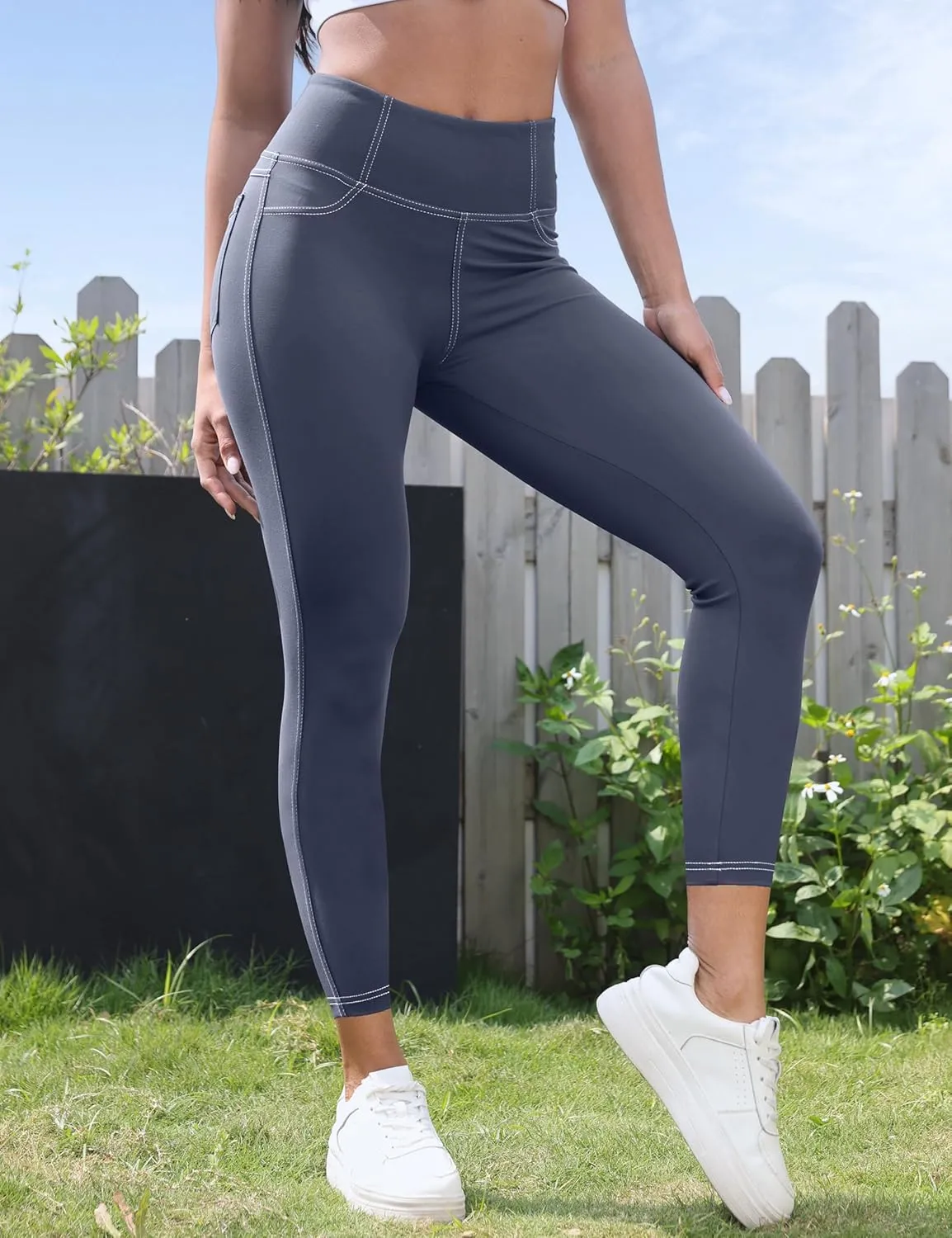 VOOVEEYA Curvy Womens Leggings 25", Tummy Control Yoga Pants with Back Pockets High Waisted Buttery Soft 7/8 Leggings