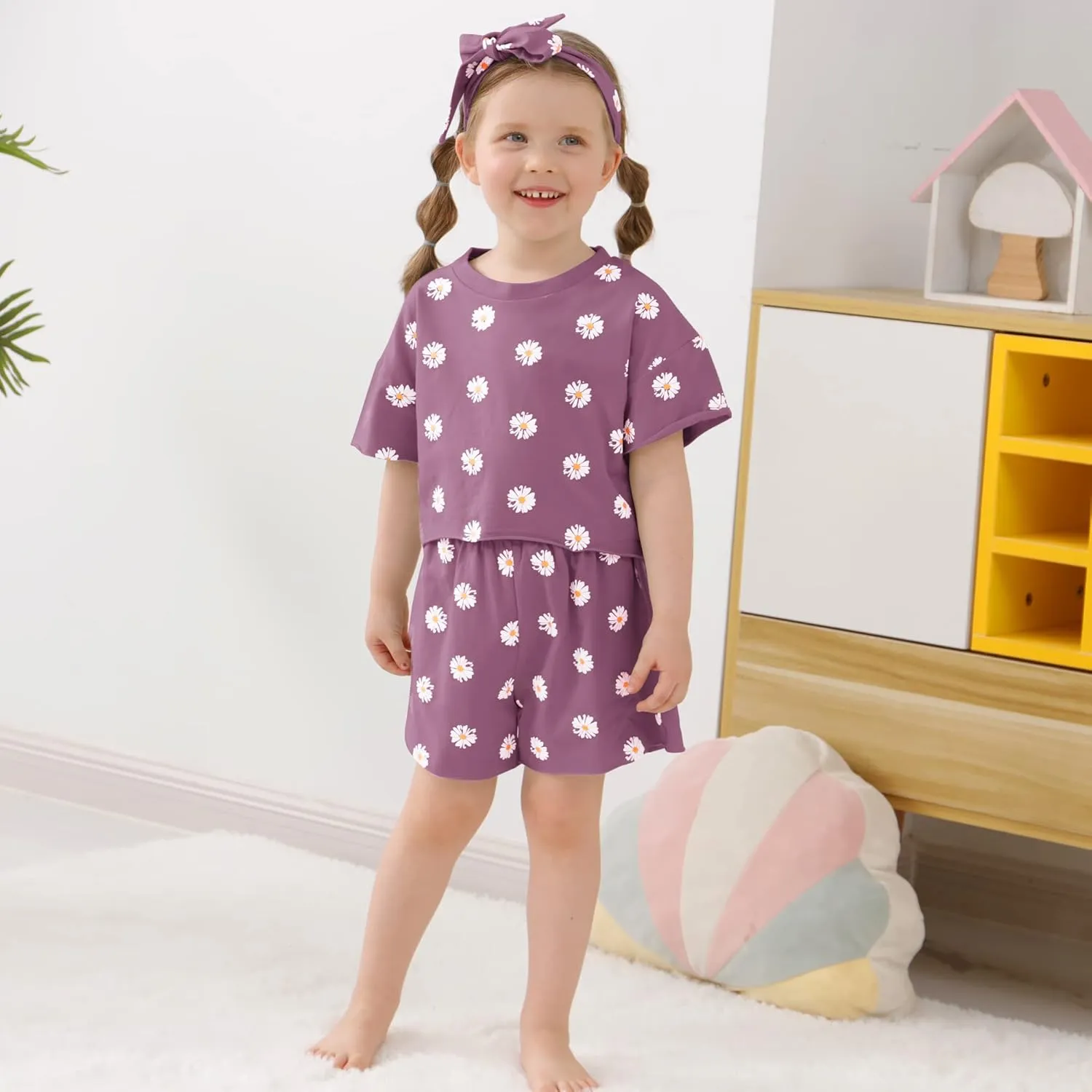 WESIDOM Toddler Girl Clothes Baby Girls Outfits 6M-5T Summer Floral Print Shirt Shorts Headband 3pcs Baby Clothing