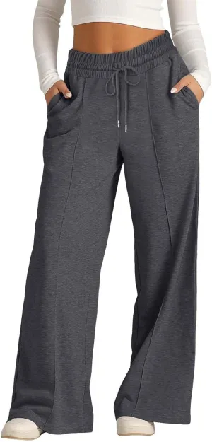 Wide Leg Sweatpants for Girls Elastic Drawstring Baggy Straight Leg Comfy Plain Joggers Trousers with Pockets