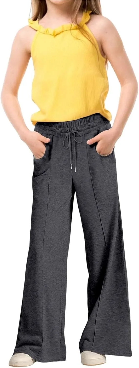 Wide Leg Sweatpants for Girls Elastic Drawstring Baggy Straight Leg Comfy Plain Joggers Trousers with Pockets