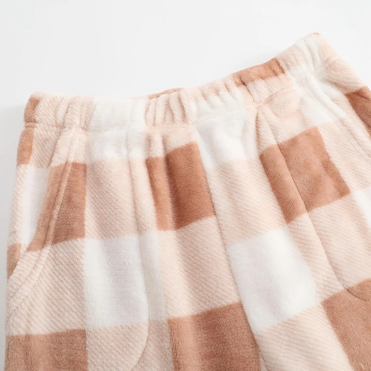 Winter Pajama Pants for Women Plaid Fuzzy Fleece Pj Pants Straight Leg High Elastic Waist Lounge Pants with Pockets