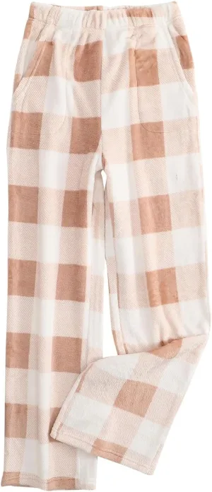 Winter Pajama Pants for Women Plaid Fuzzy Fleece Pj Pants Straight Leg High Elastic Waist Lounge Pants with Pockets