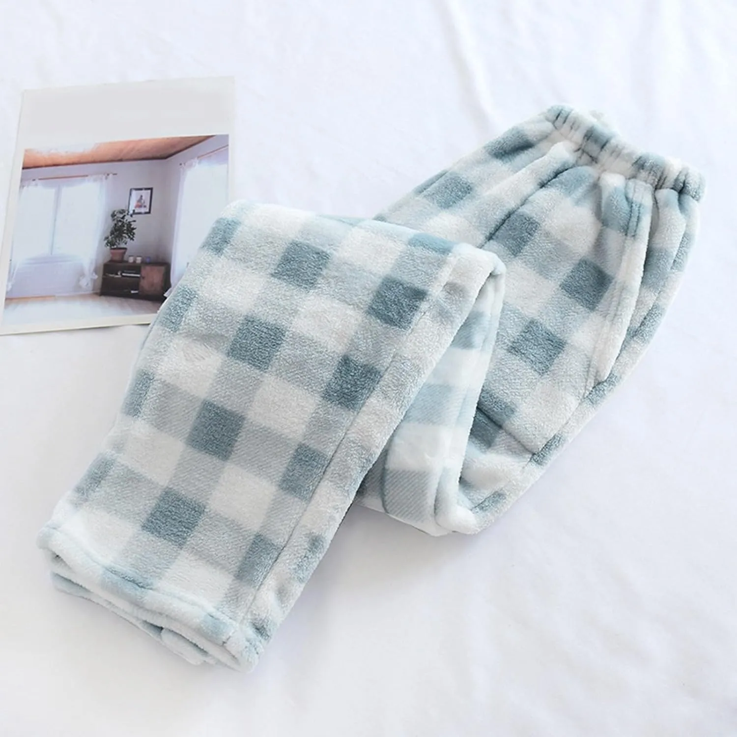 Winter Pajama Pants for Women Plaid Fuzzy Fleece Pj Pants Straight Leg High Elastic Waist Lounge Pants with Pockets