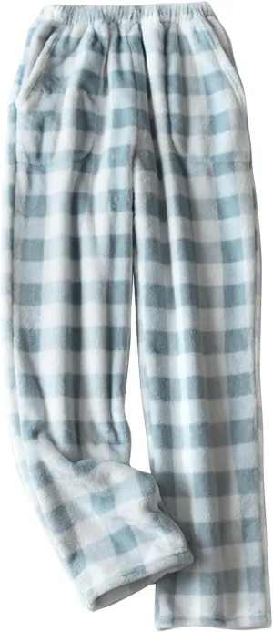 Winter Pajama Pants for Women Plaid Fuzzy Fleece Pj Pants Straight Leg High Elastic Waist Lounge Pants with Pockets