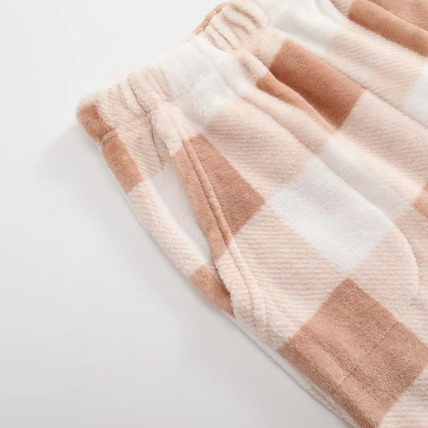 Winter Pajama Pants for Women Plaid Fuzzy Fleece Pj Pants Straight Leg High Elastic Waist Lounge Pants with Pockets