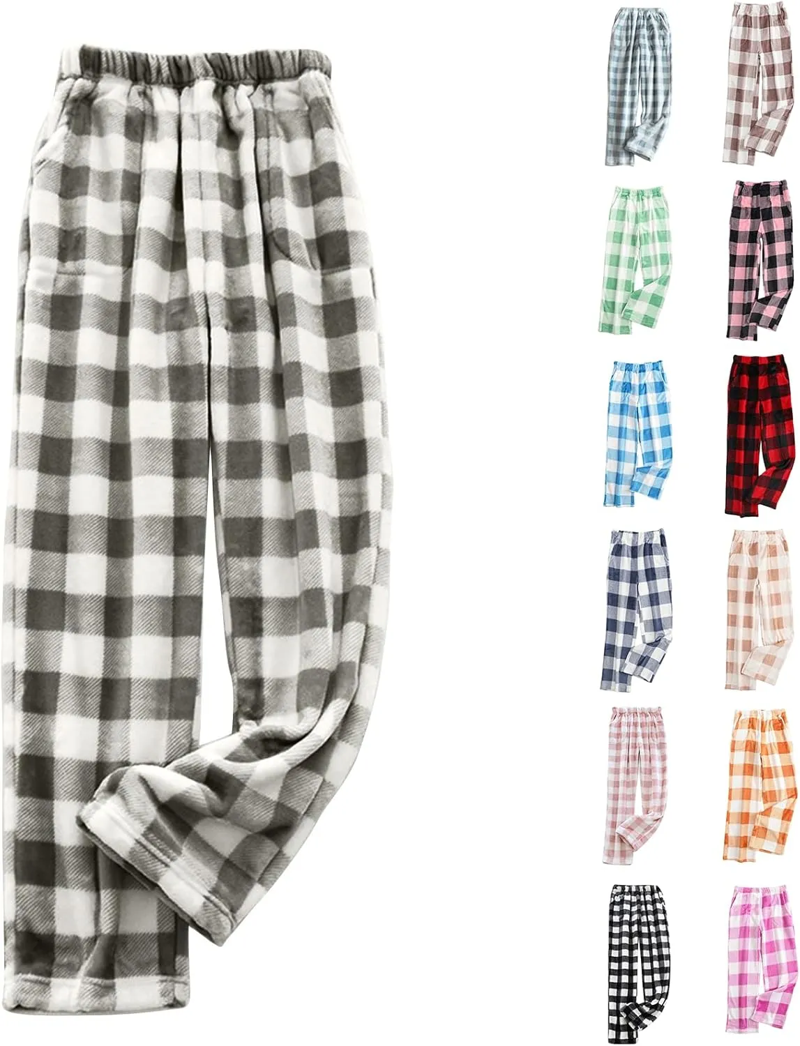 Winter Pajama Pants for Women Plaid Fuzzy Fleece Pj Pants Straight Leg High Elastic Waist Lounge Pants with Pockets