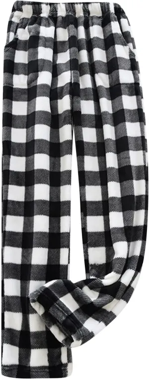 Winter Pajama Pants for Women Plaid Fuzzy Fleece Pj Pants Straight Leg High Elastic Waist Lounge Pants with Pockets