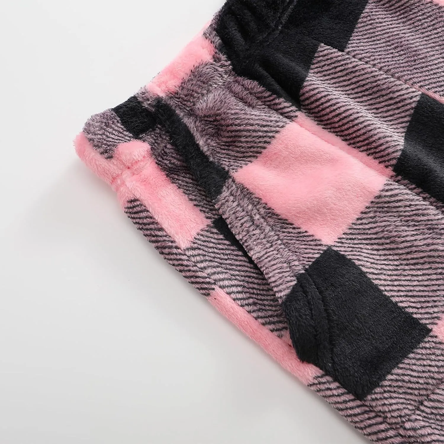 Winter Pajama Pants for Women Plaid Fuzzy Fleece Pj Pants Straight Leg High Elastic Waist Lounge Pants with Pockets