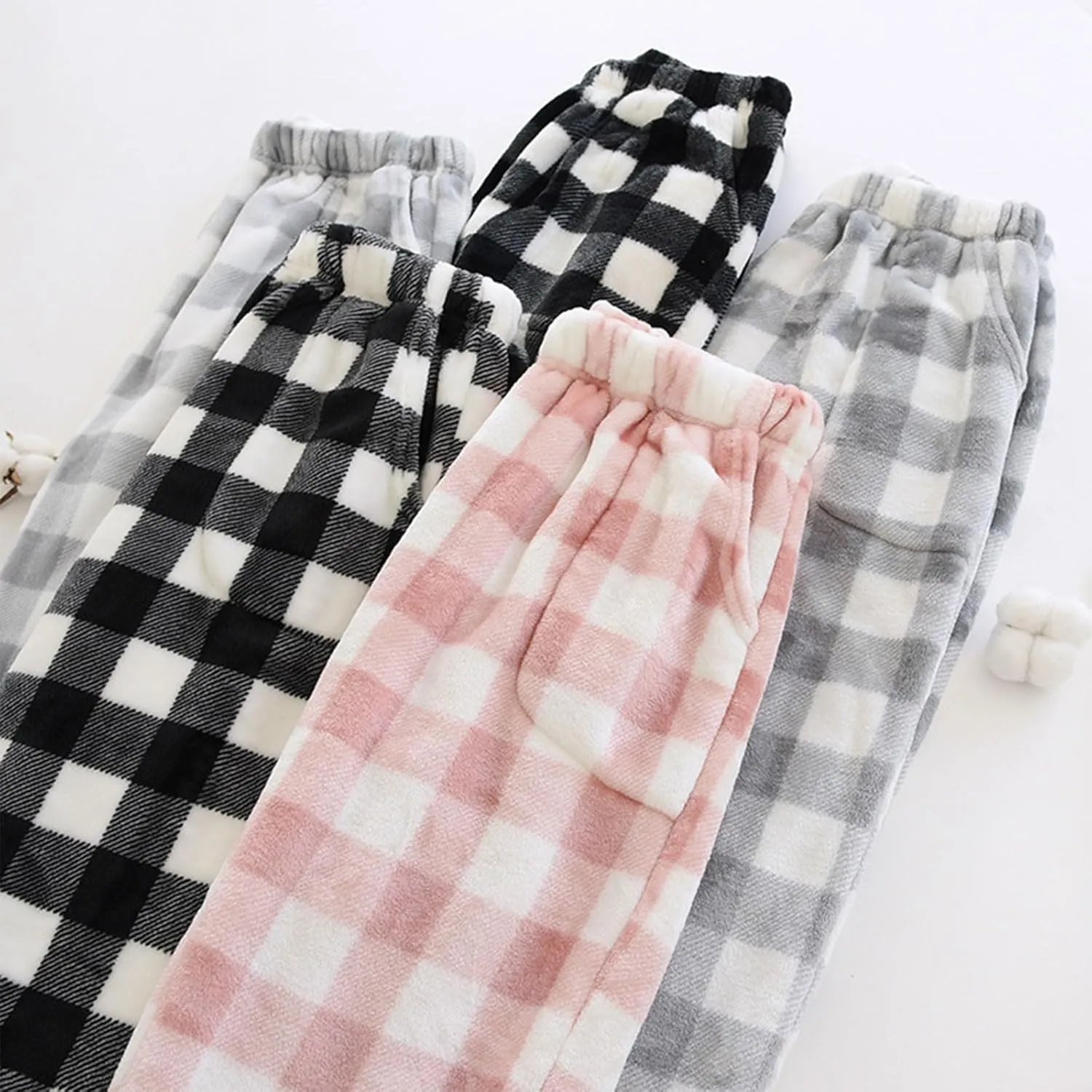 Winter Pajama Pants for Women Plaid Fuzzy Fleece Pj Pants Straight Leg High Elastic Waist Lounge Pants with Pockets