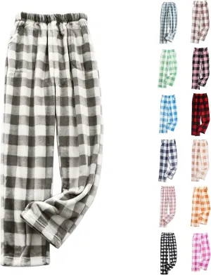 Winter Pajama Pants for Women Plaid Fuzzy Fleece Pj Pants Straight Leg High Elastic Waist Lounge Pants with Pockets
