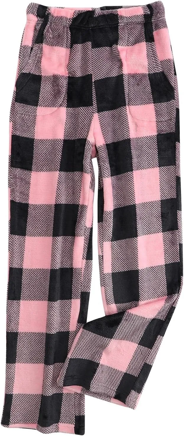 Winter Pajama Pants for Women Plaid Fuzzy Fleece Pj Pants Straight Leg High Elastic Waist Lounge Pants with Pockets