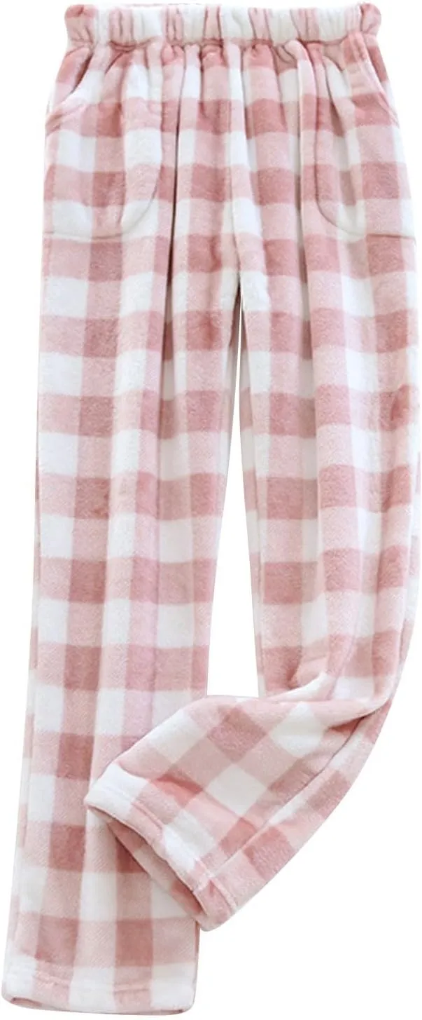 Winter Pajama Pants for Women Plaid Fuzzy Fleece Pj Pants Straight Leg High Elastic Waist Lounge Pants with Pockets