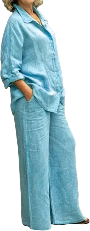 Women 2 Piece Outfits Sets Summer Casual Linen Sets Button Down Long Sleeve Shirt Blouse and Wide Leg Pants Lounge Set