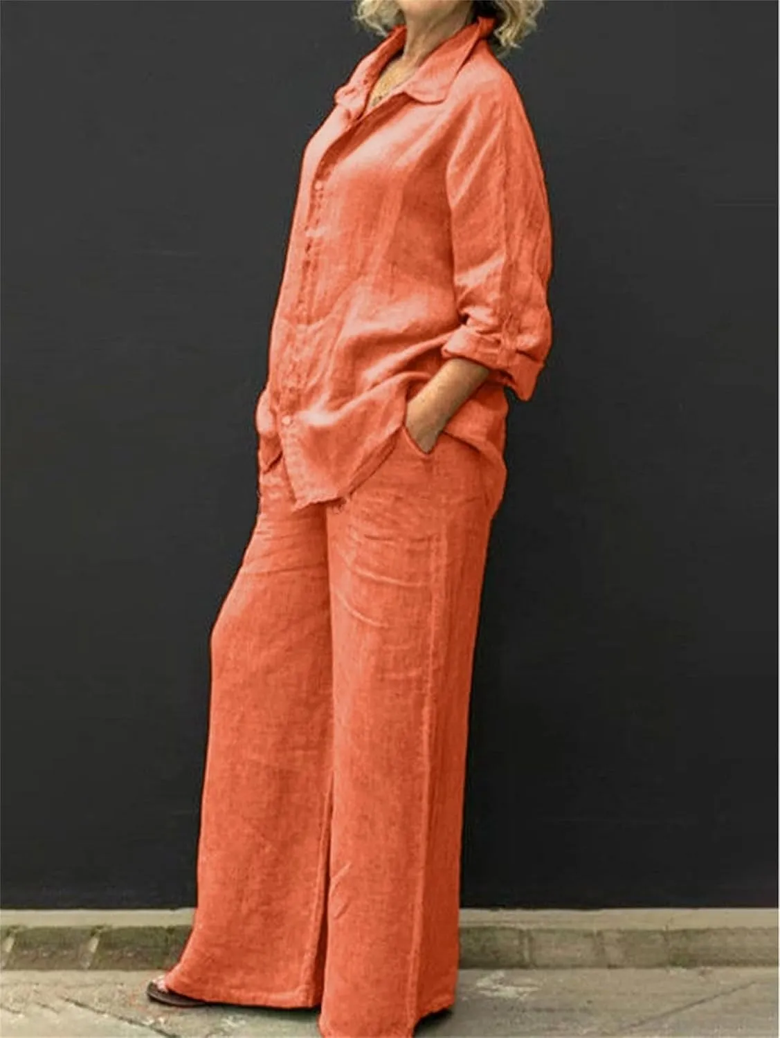 Women 2 Piece Outfits Sets Summer Casual Linen Sets Button Down Long Sleeve Shirt Blouse and Wide Leg Pants Lounge Set