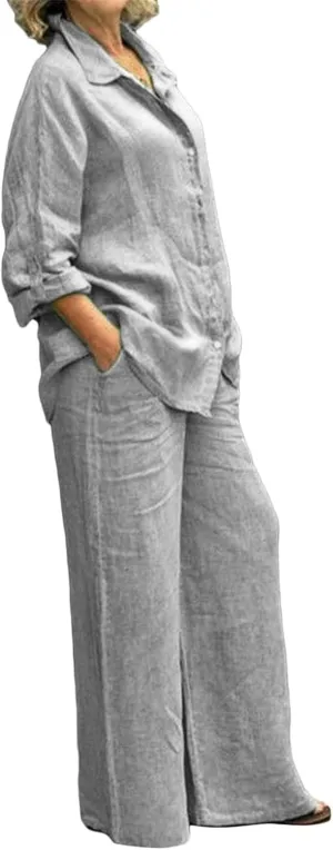 Women 2 Piece Outfits Sets Summer Casual Linen Sets Button Down Long Sleeve Shirt Blouse and Wide Leg Pants Lounge Set