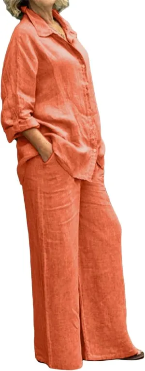 Women 2 Piece Outfits Sets Summer Casual Linen Sets Button Down Long Sleeve Shirt Blouse and Wide Leg Pants Lounge Set