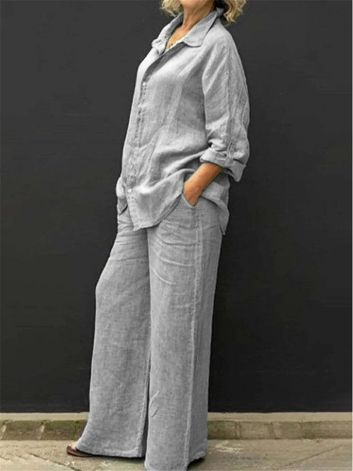 Women 2 Piece Outfits Sets Summer Casual Linen Sets Button Down Long Sleeve Shirt Blouse and Wide Leg Pants Lounge Set
