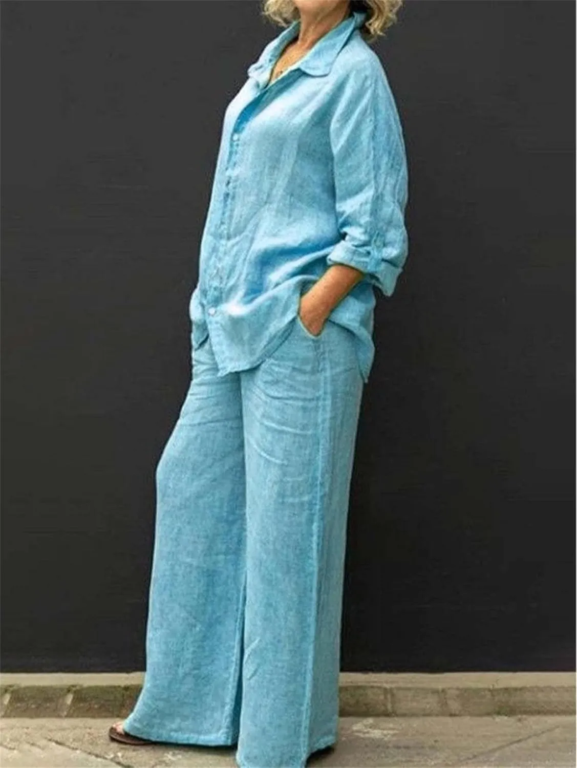 Women 2 Piece Outfits Sets Summer Casual Linen Sets Button Down Long Sleeve Shirt Blouse and Wide Leg Pants Lounge Set