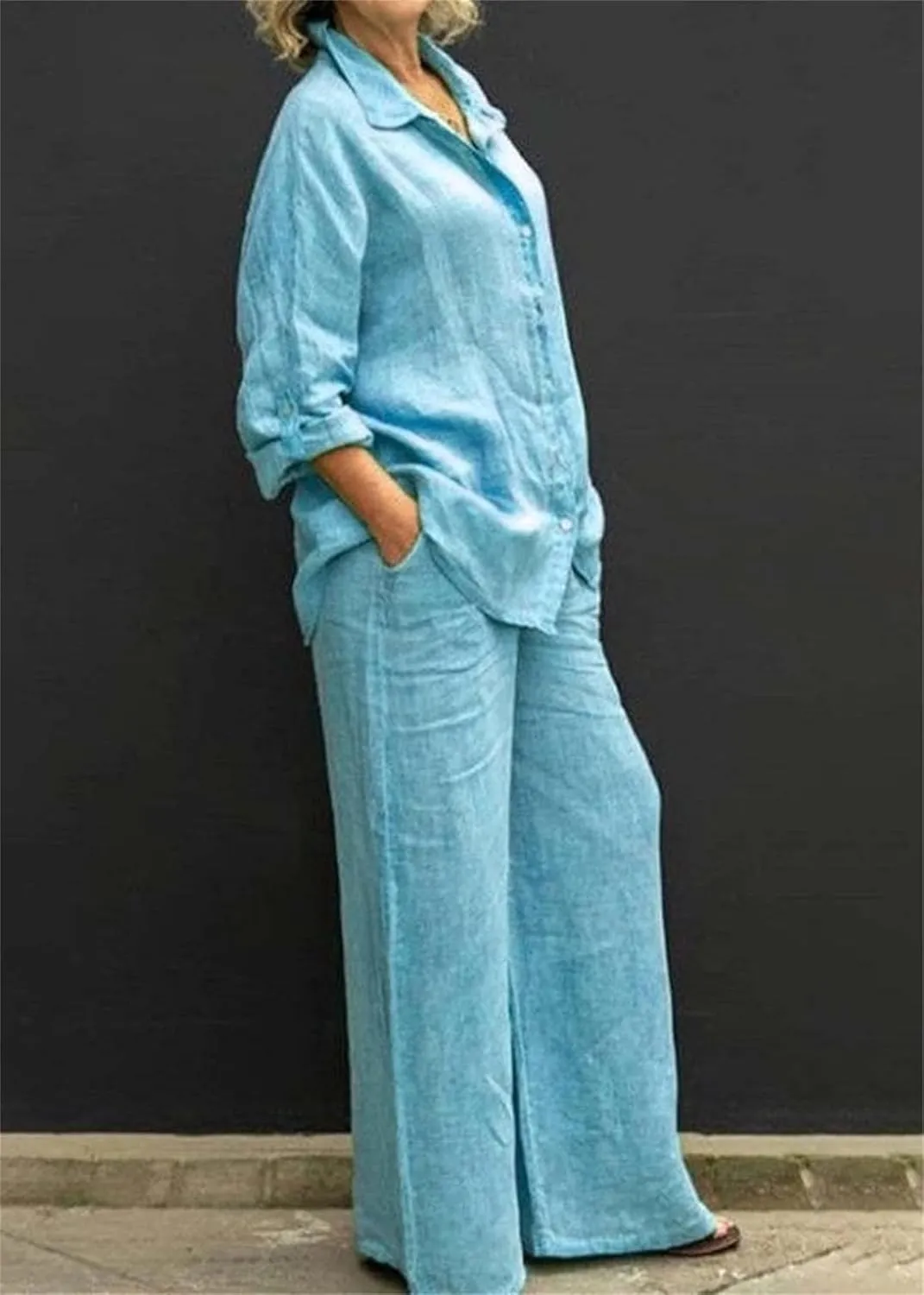Women 2 Piece Outfits Sets Summer Casual Linen Sets Button Down Long Sleeve Shirt Blouse and Wide Leg Pants Lounge Set