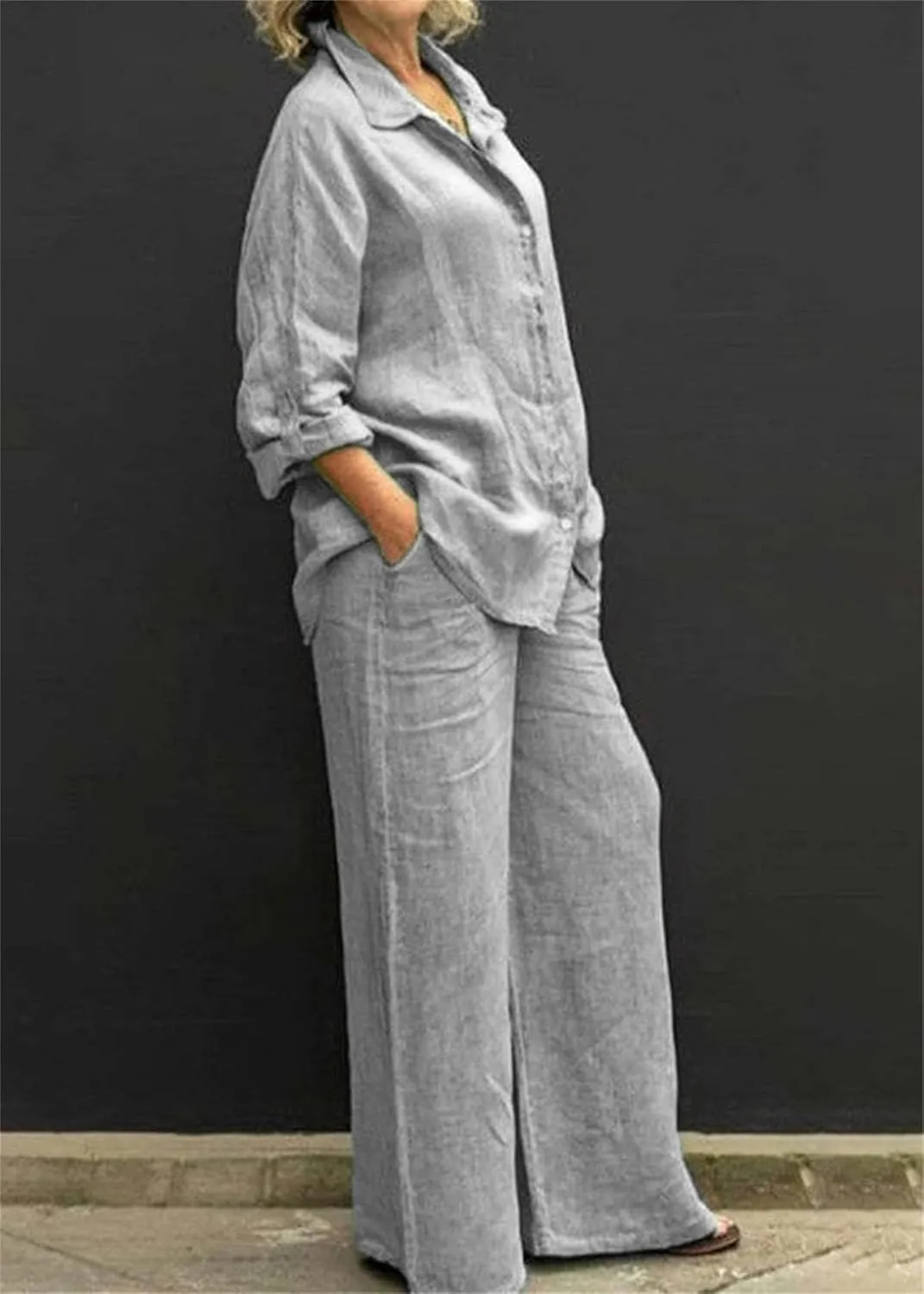 Women 2 Piece Outfits Sets Summer Casual Linen Sets Button Down Long Sleeve Shirt Blouse and Wide Leg Pants Lounge Set