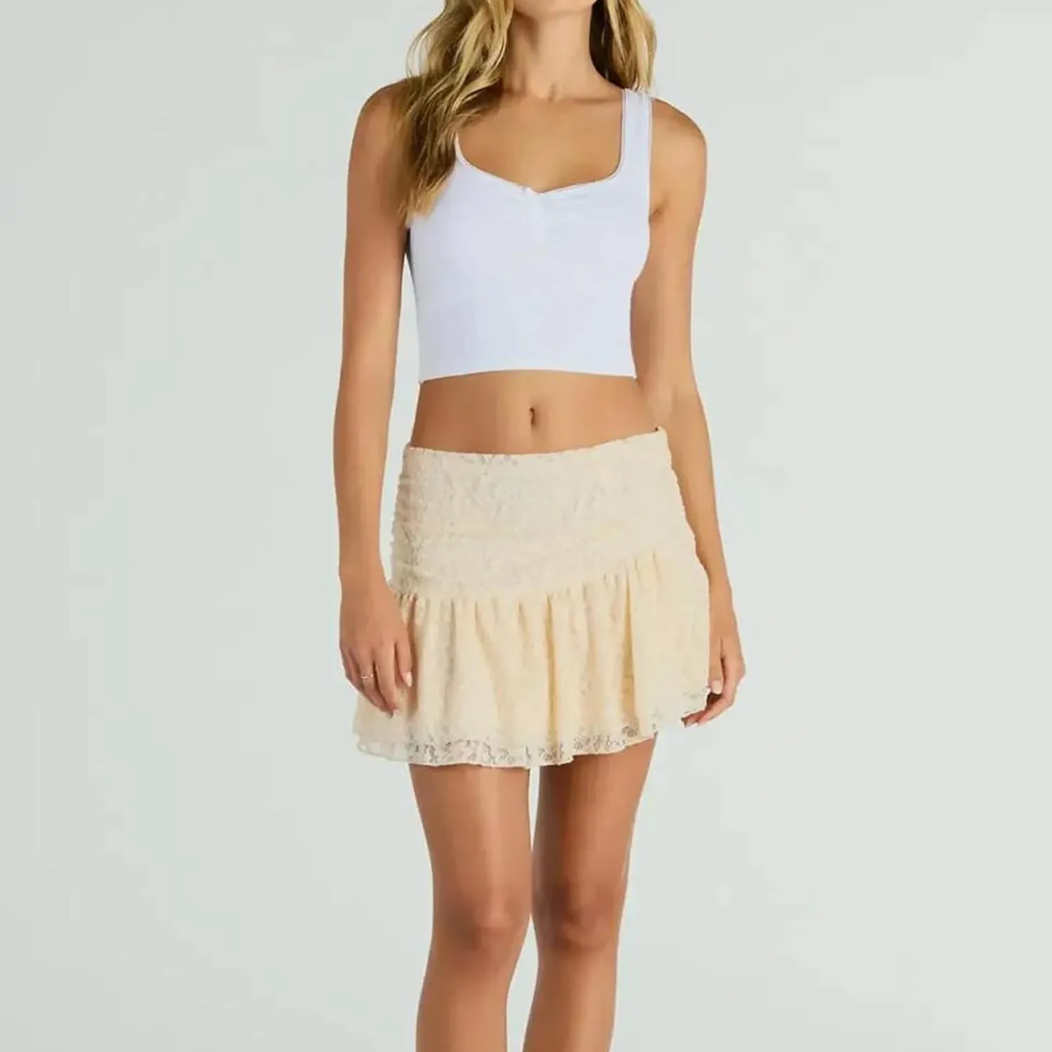 Women Aesthetic Lace Mini Skirt Low Rise Pleated Ruffle Layered Flowy Short Skirt Teen Girls Asymmetrical Half Slip Skirt
