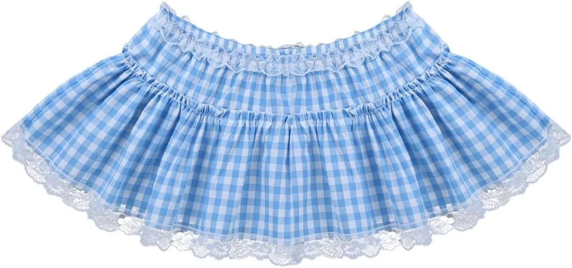 Women Frilly Lace Micro Mini Plaid Skirt Ruffled Pleated Skirt Sissy Crossdress Daily Party Dress