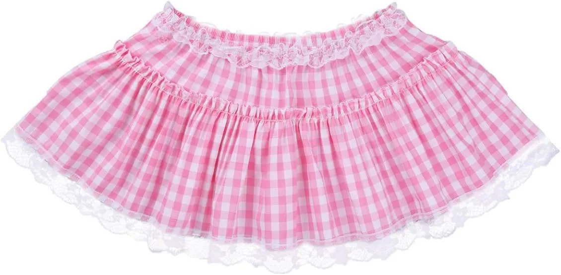 Women Frilly Lace Micro Mini Plaid Skirt Ruffled Pleated Skirt Sissy Crossdress Daily Party Dress