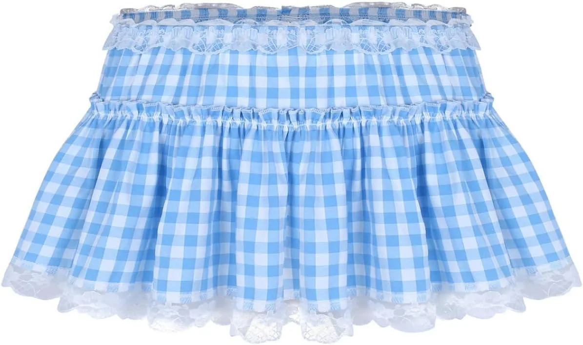 Women Frilly Lace Micro Mini Plaid Skirt Ruffled Pleated Skirt Sissy Crossdress Daily Party Dress