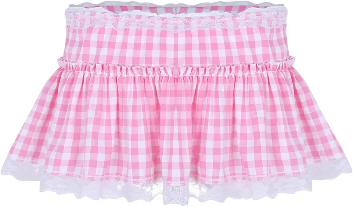 Women Frilly Lace Micro Mini Plaid Skirt Ruffled Pleated Skirt Sissy Crossdress Daily Party Dress