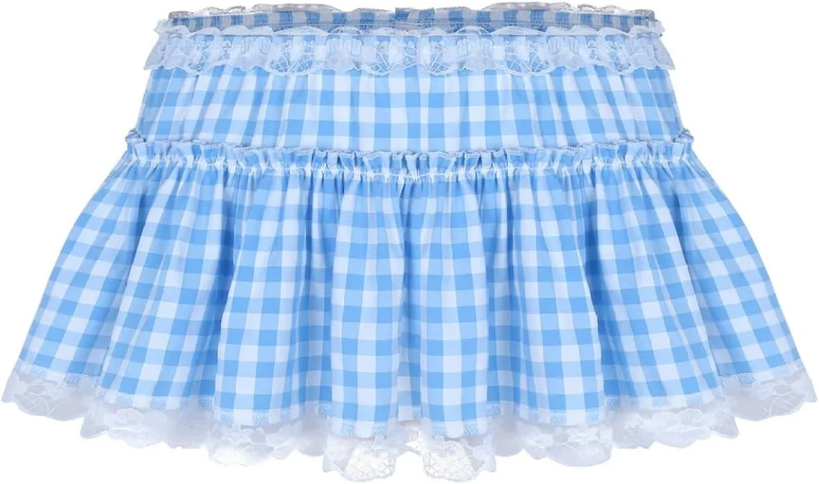 Women Frilly Lace Micro Mini Plaid Skirts Pleated Miniskirt Sissy Crossdress Lingerie