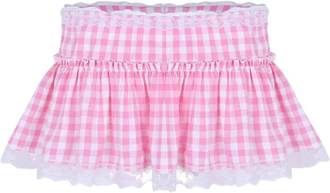 Women Frilly Lace Micro Mini Plaid Skirts Pleated Miniskirt Sissy Crossdress Lingerie