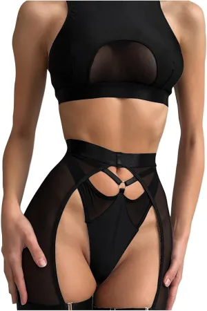 Women Garter Lingerie Sets 3 Piece Lace Mesh Sheer Exotic Bra and Panty Set with Garter Blet Sexy Slutty Bralette Set