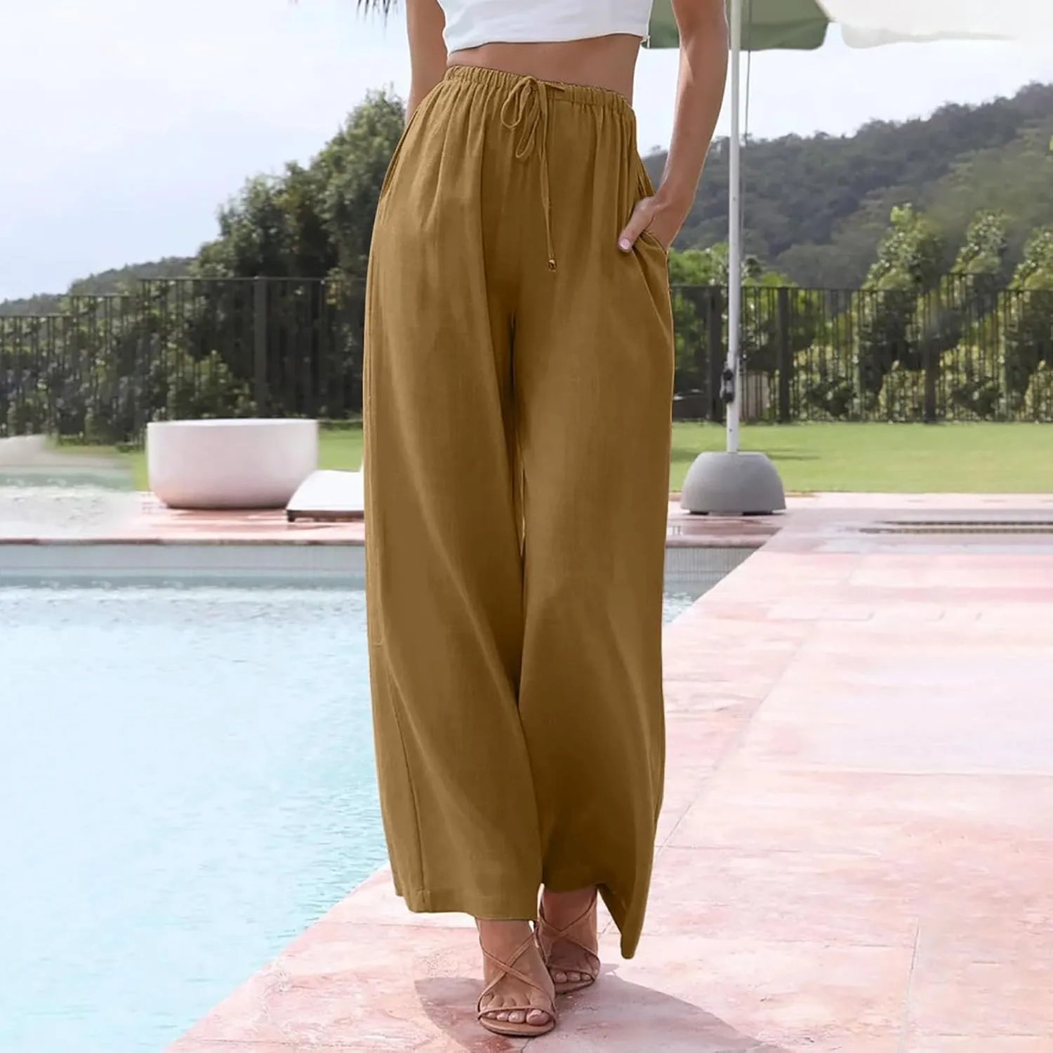 Women High Waisted Wide Leg Pants Fashion Drawstring Elastic Trousers Comfy Straight Leg Long Pants with Pockets