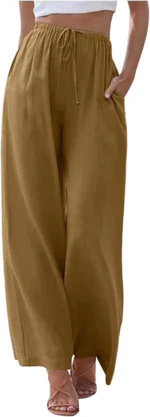 Women High Waisted Wide Leg Pants Fashion Drawstring Elastic Trousers Comfy Straight Leg Long Pants with Pockets