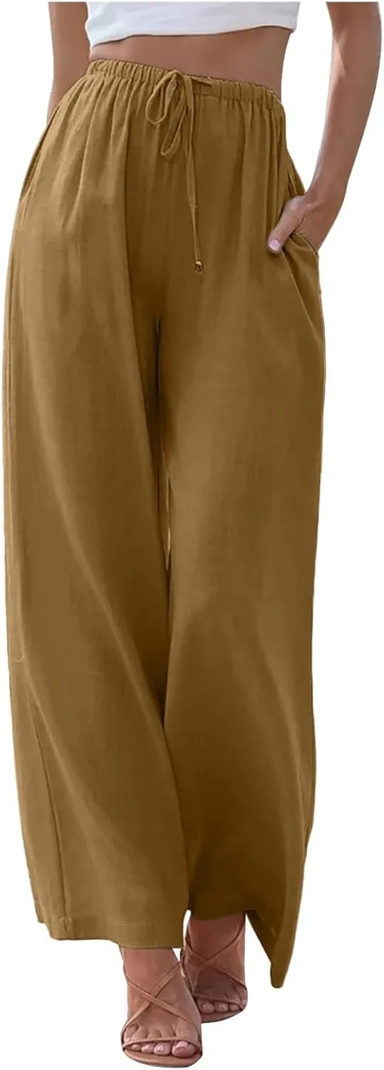 Women High Waisted Wide Leg Pants Fashion Drawstring Elastic Trousers Comfy Straight Leg Long Pants with Pockets