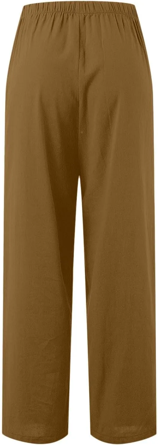 Women High Waisted Wide Leg Pants Fashion Drawstring Elastic Trousers Comfy Straight Leg Long Pants with Pockets