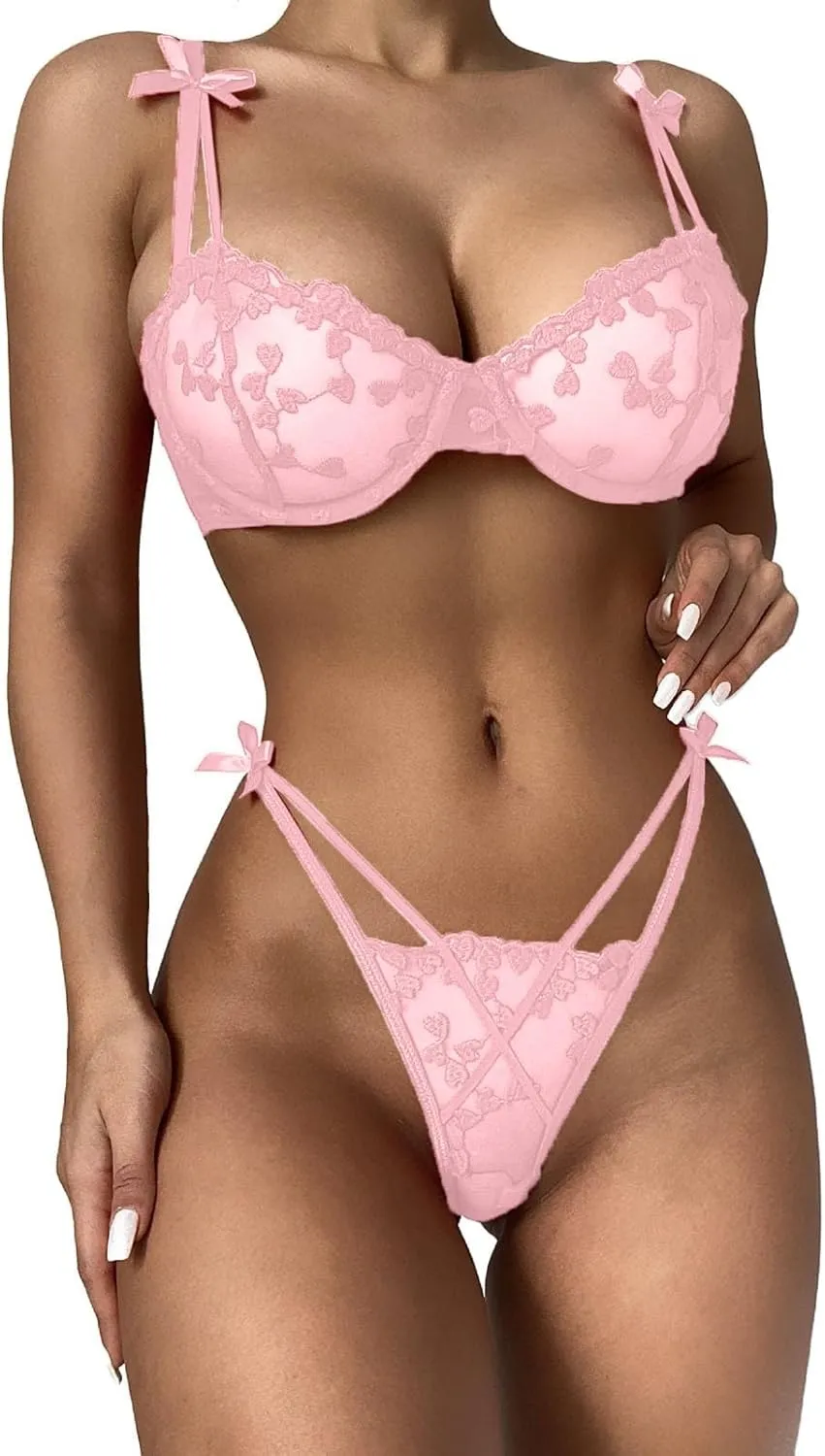Women Lace Lingerie Set Two Pieces Bralette Bra and Panty Strappy Lingerie Set Mesh Underwear Super Stretchy Negligee